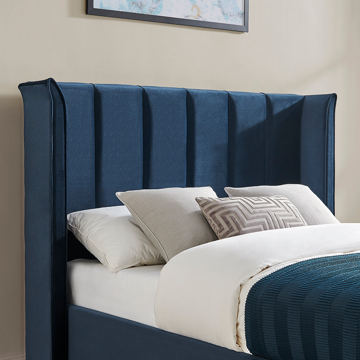Limelight Polaris Navy Blue Velvet Ottoman Bed Frame - headboard close up