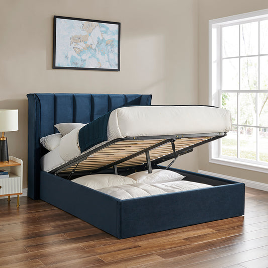 Limelight Polaris Navy Blue Velvet Ottoman Bed Frame - Open