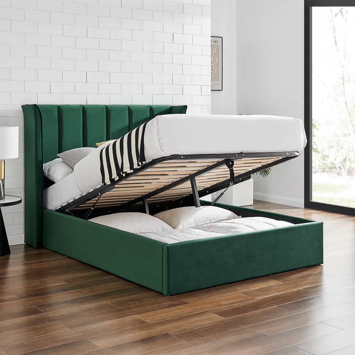 Limelight Polaris Emerald Velvet Ottoman Bed Frame Open