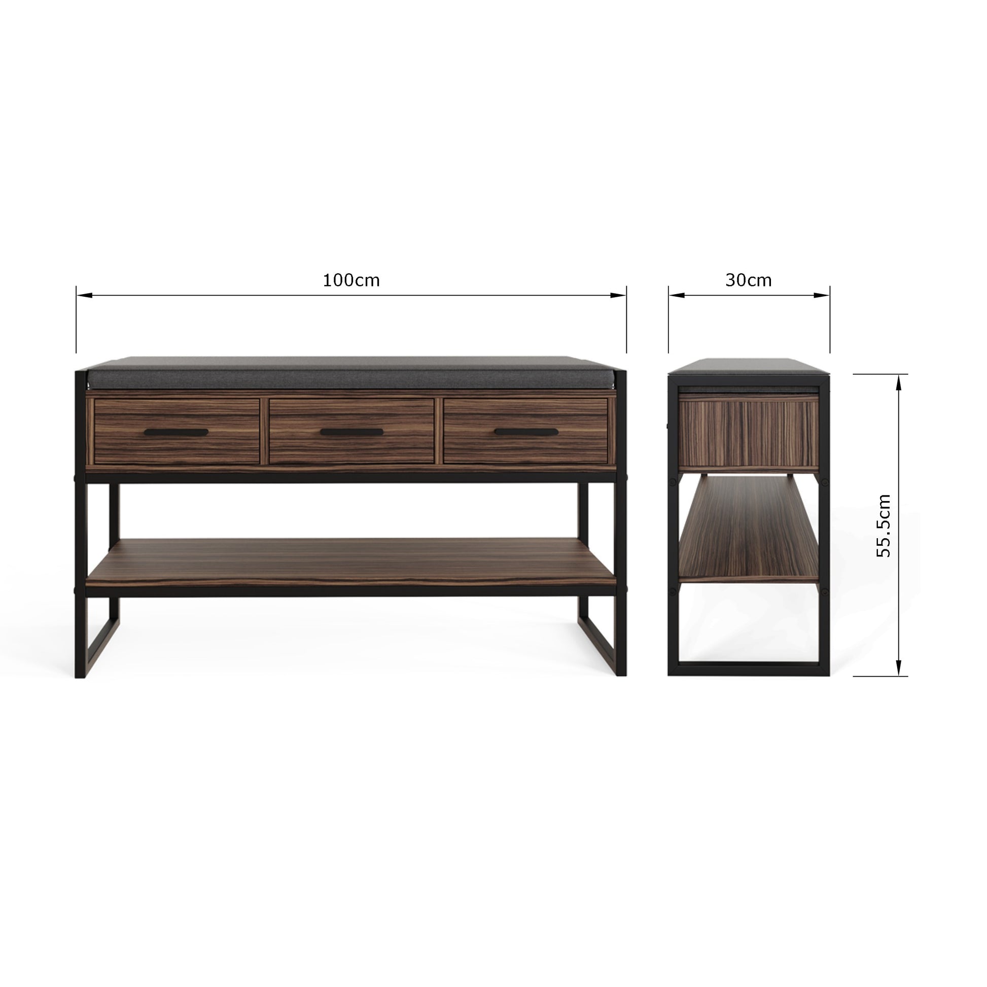 GFW Quinn Industrial Shoe Bench with Storage - Walnut & Grey Dimensions