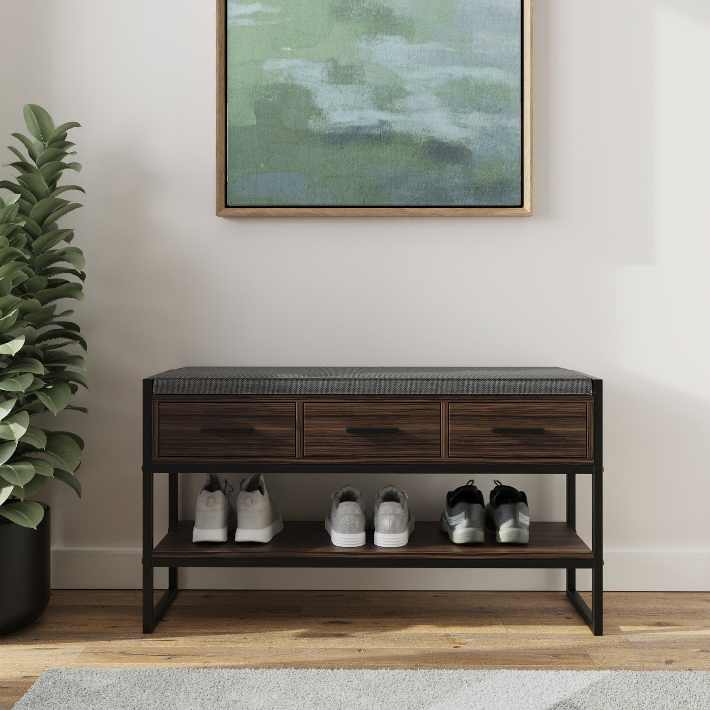 GFW Quinn Industrial Shoe Bench with Storage - Walnut & Grey 2