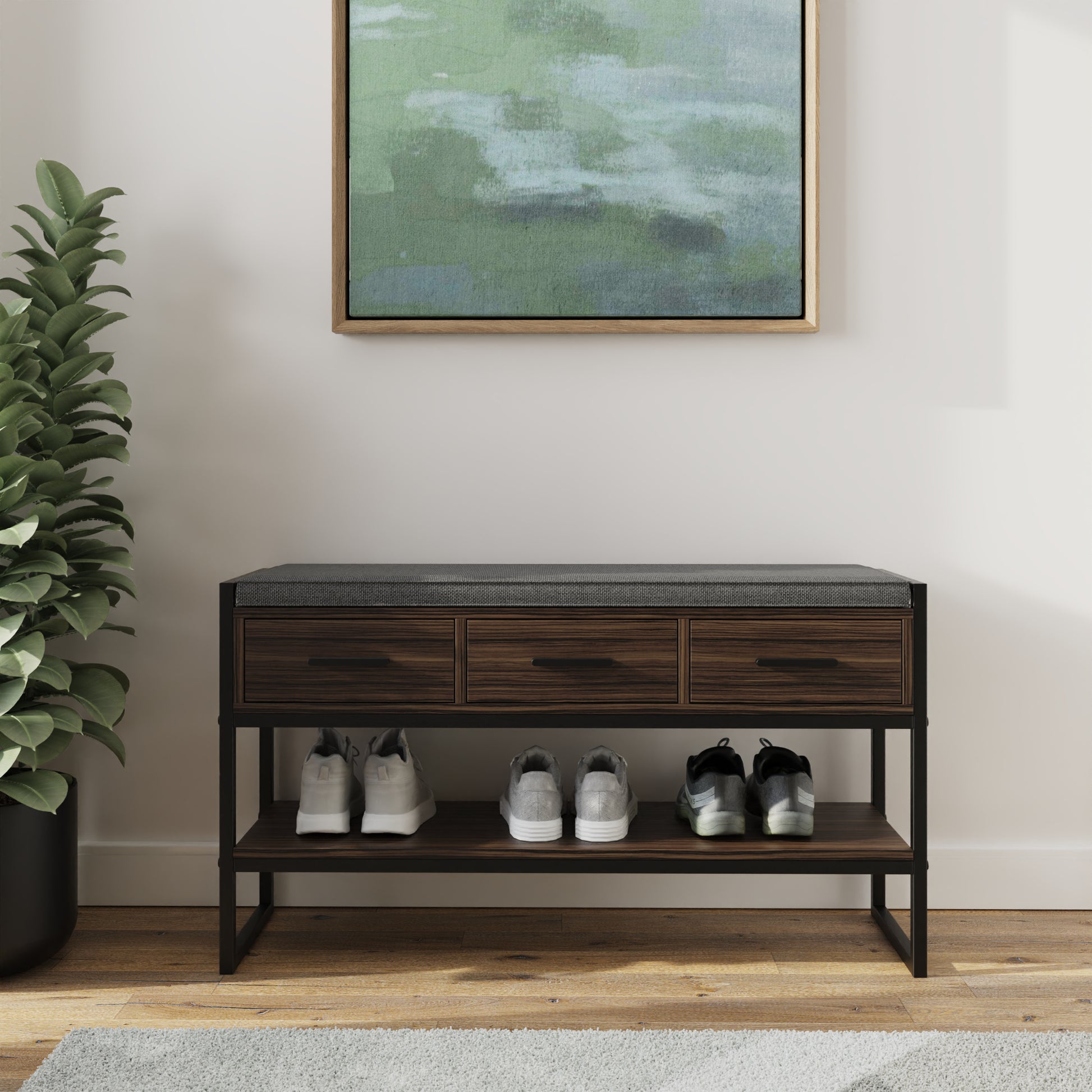 GFW Quinn Industrial Shoe Bench with Storage - Walnut & Grey 2