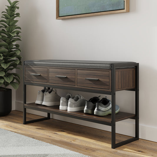 GFW Quinn Industrial Shoe Bench with Storage - Walnut & Grey