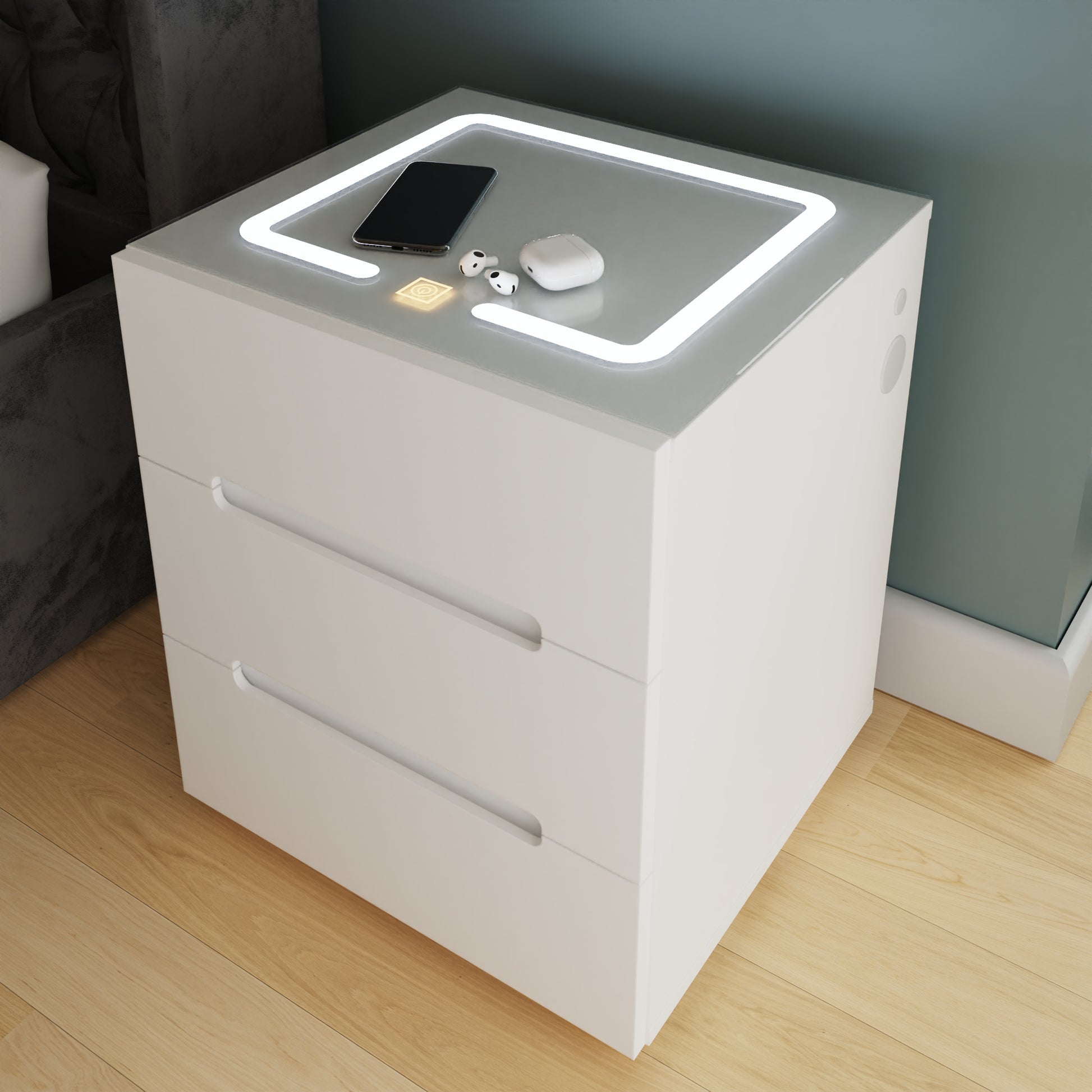 GFW Riley White 3 Drawer Smart Bedside Table