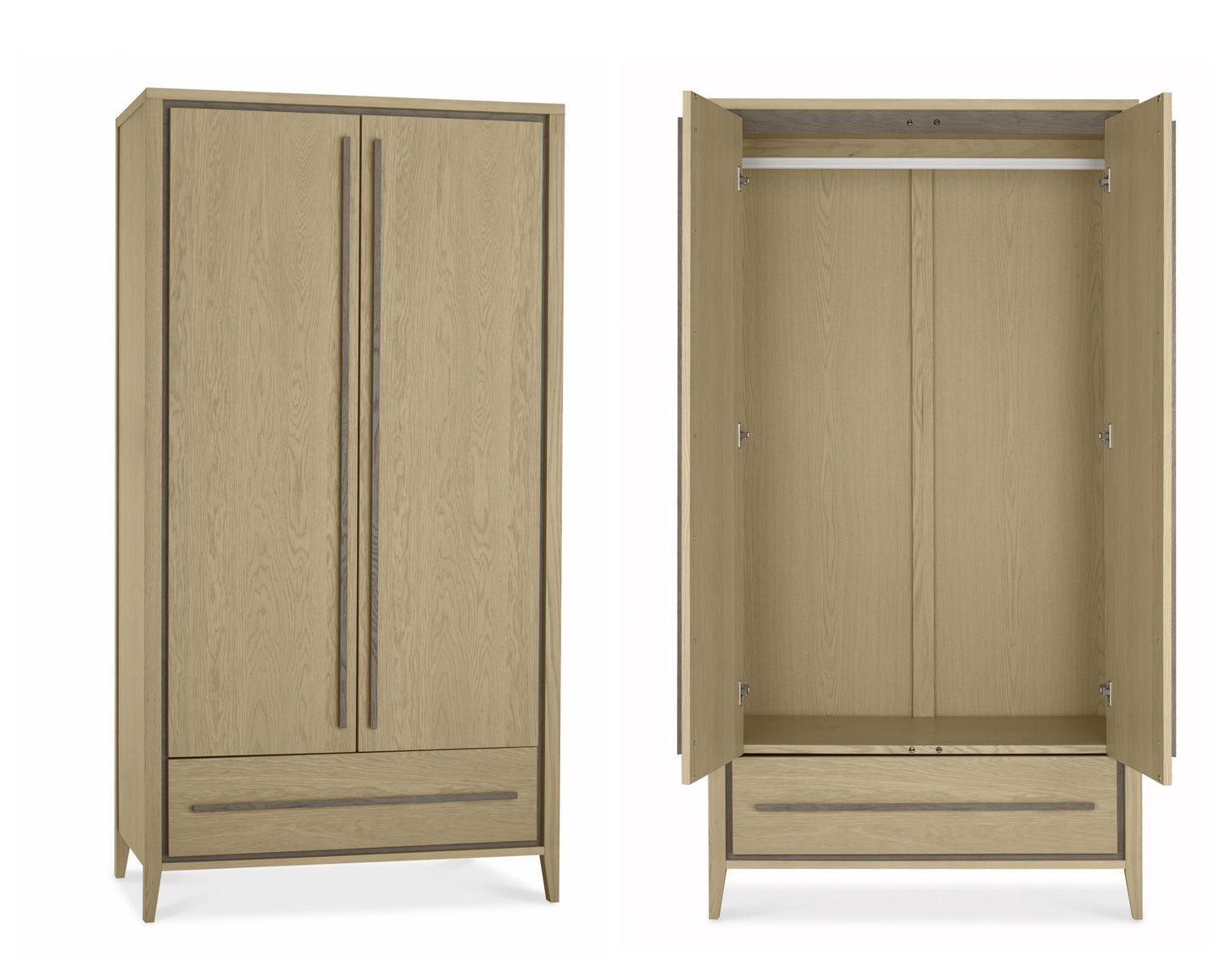 Rimini Aged Oak & Weathered Oak Double Wardrobe Open & Closed