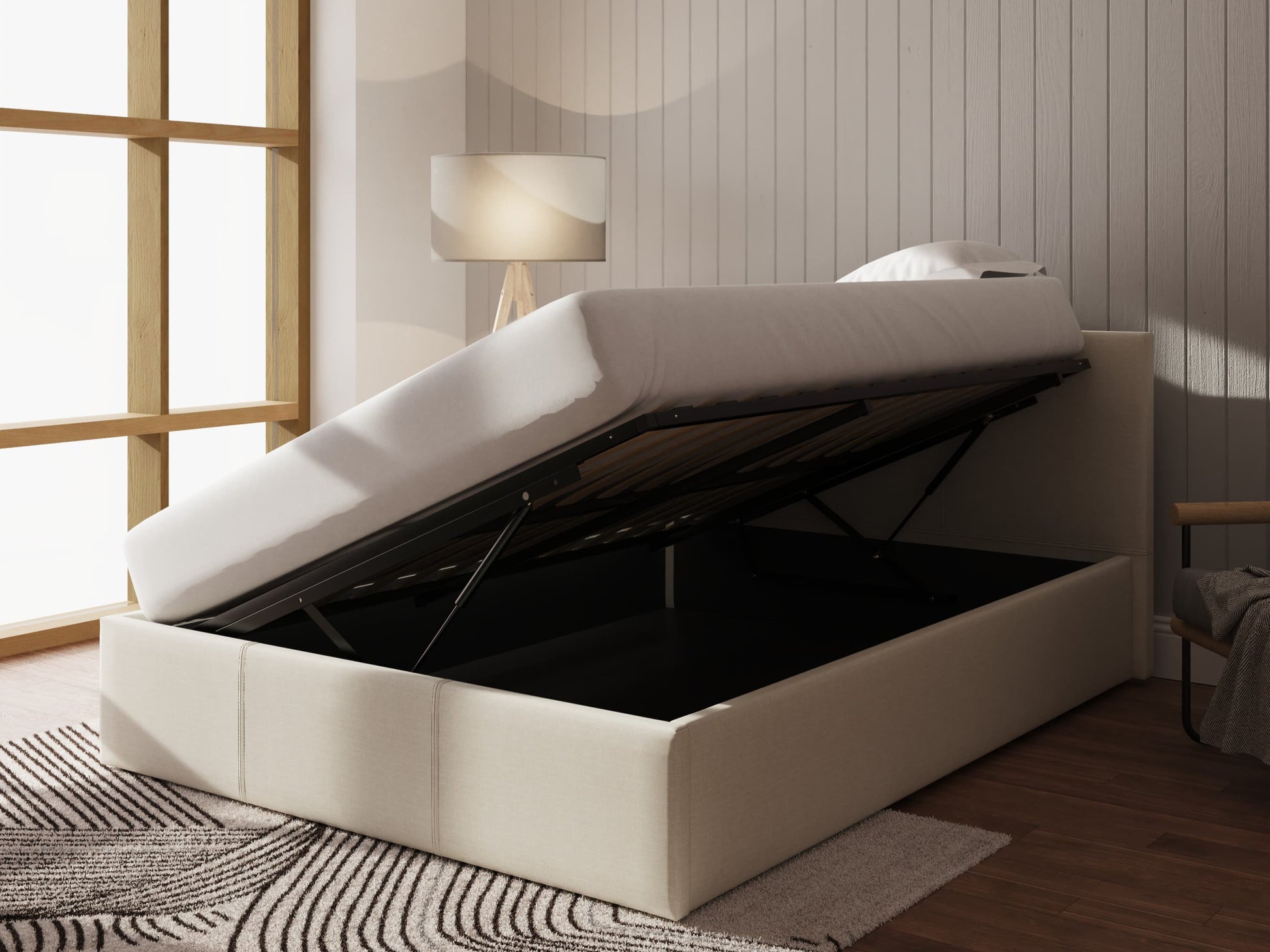 GFW Side Lift Natural Fabric Ottoman Bed Frame Open