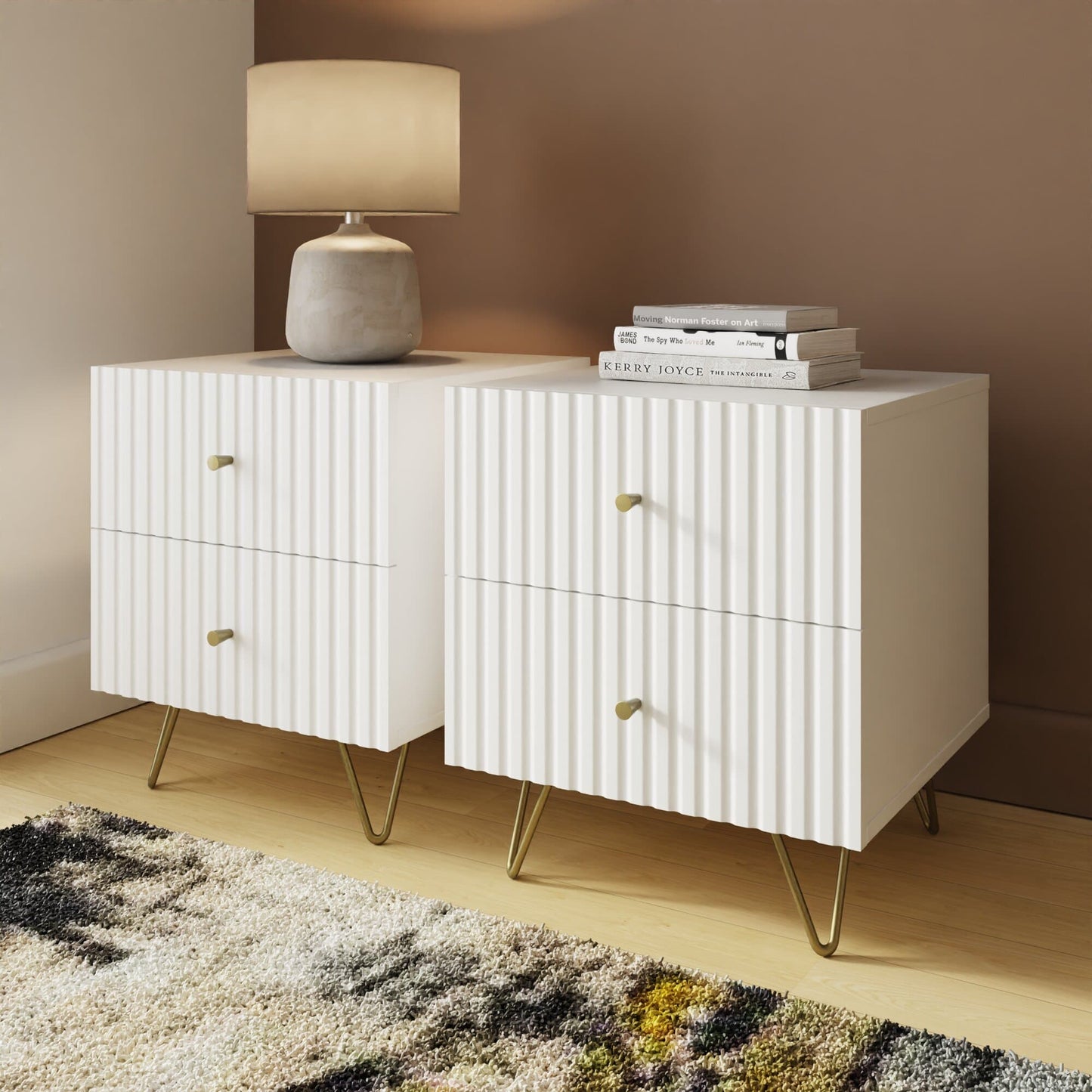 GFW Thalia Ribbed 2 Drawer Bedside Table Pair - White