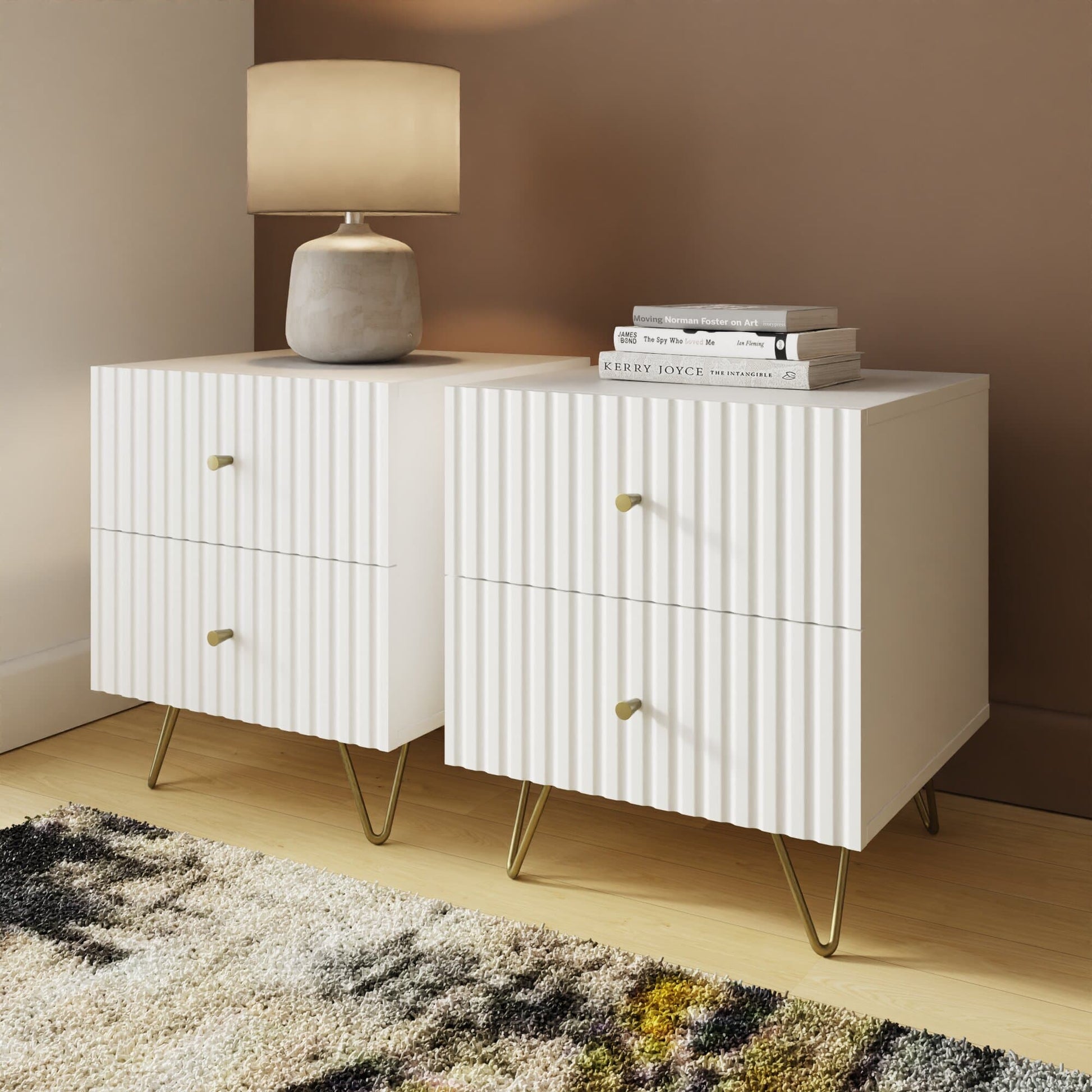 GFW Thalia Ribbed 2 Drawer Bedside Table Pair - White