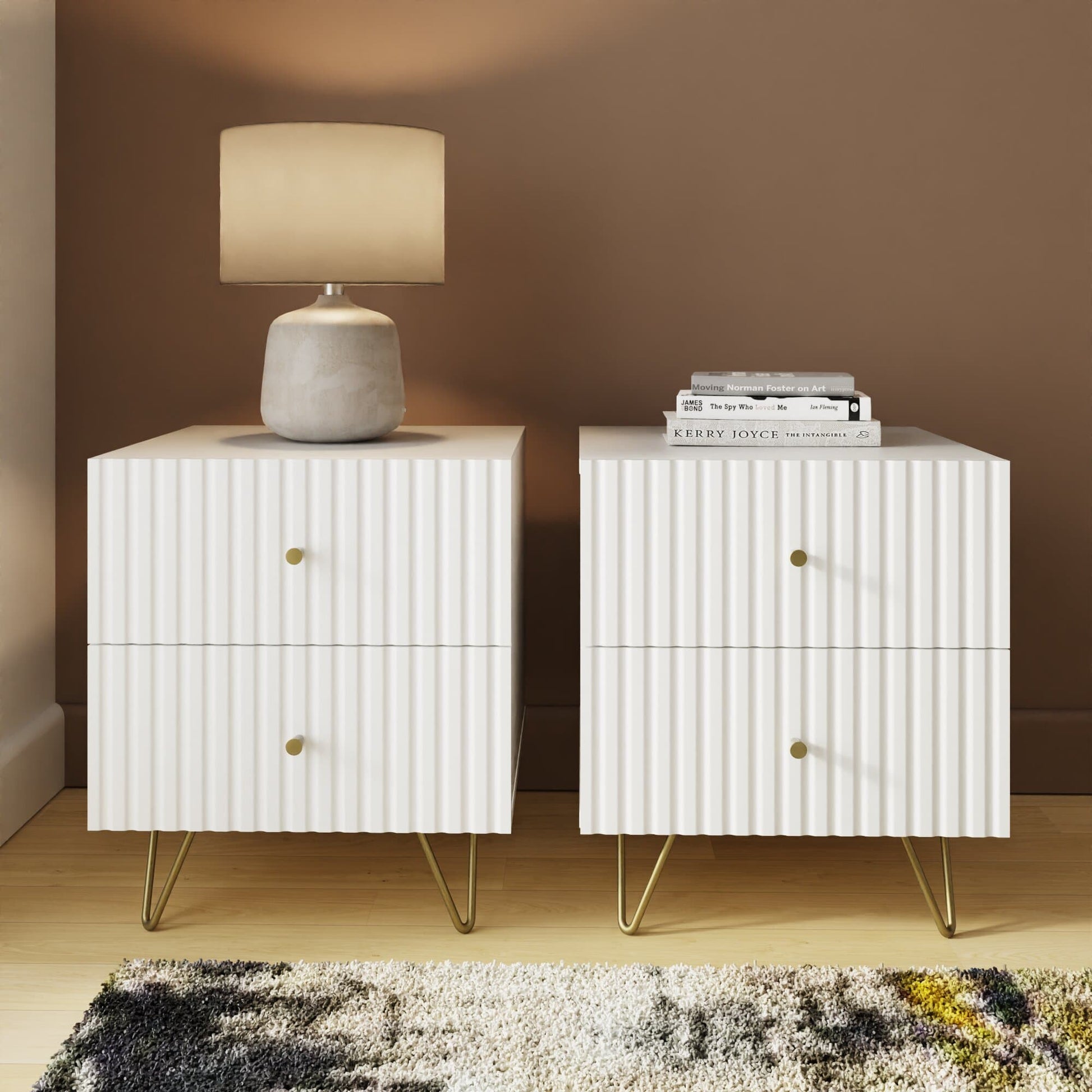 GFW Thalia Ribbed 2 Drawer Bedside Table Pair - White 2