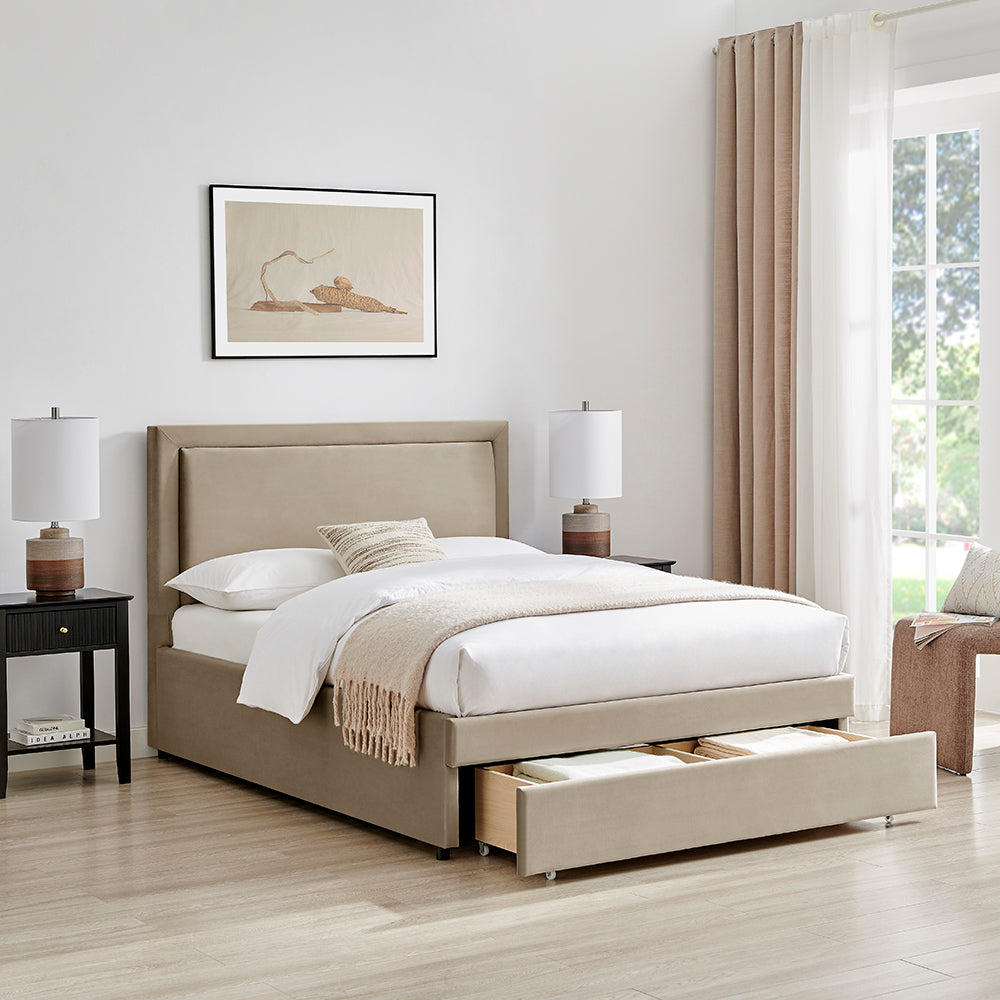 Limelight Ursa Taupe Velvet Storage Bed Frame - Drawer Open