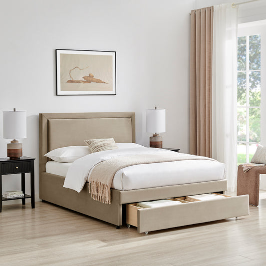 Limelight Ursa Taupe Velvet Storage Bed Frame - Drawer Open