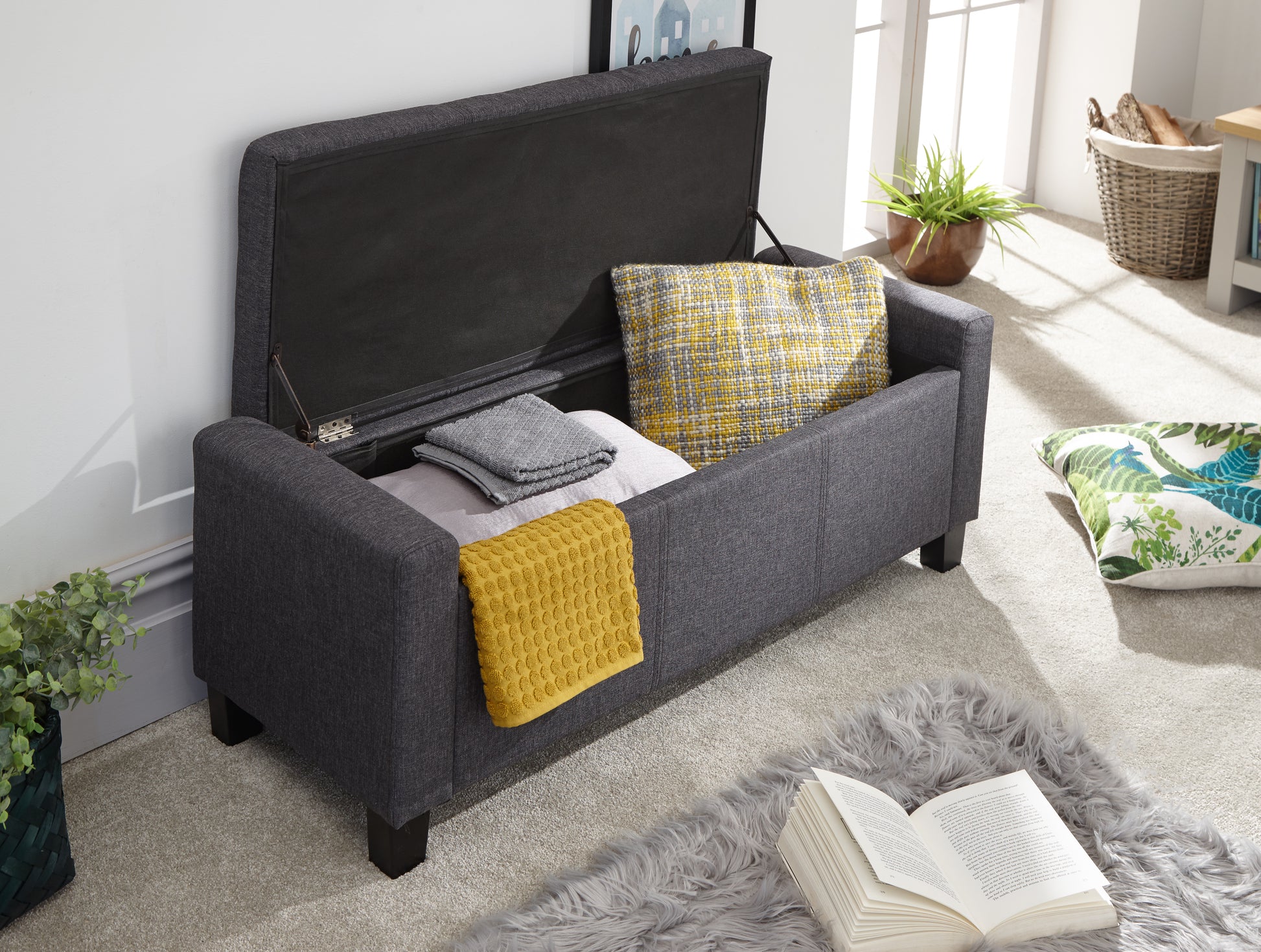 GFW Verona Fabric Blanket Box Bench - Charcoal 2