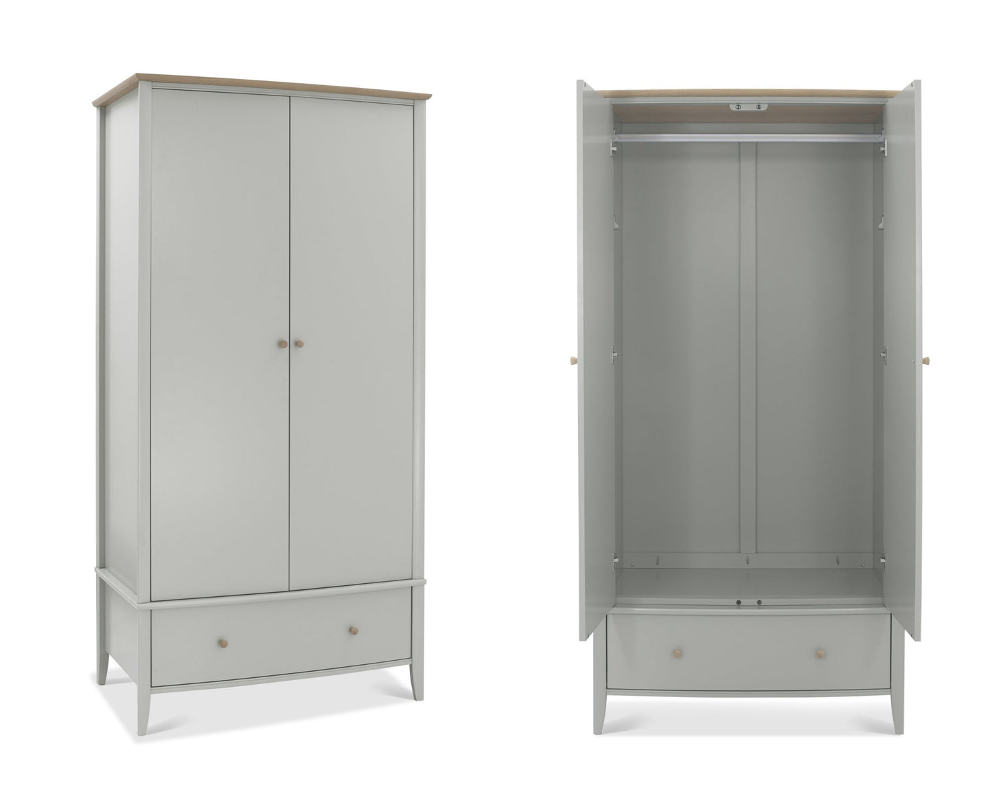 Whitby Scandi Oak & Warm Grey Double Wardrobe Open & Closed