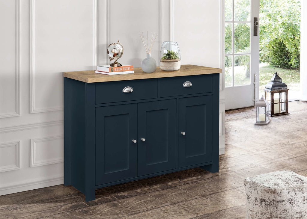 Birlea Highgate 3 Door 2 Drawer Sideboard - Navy Blue & Oak