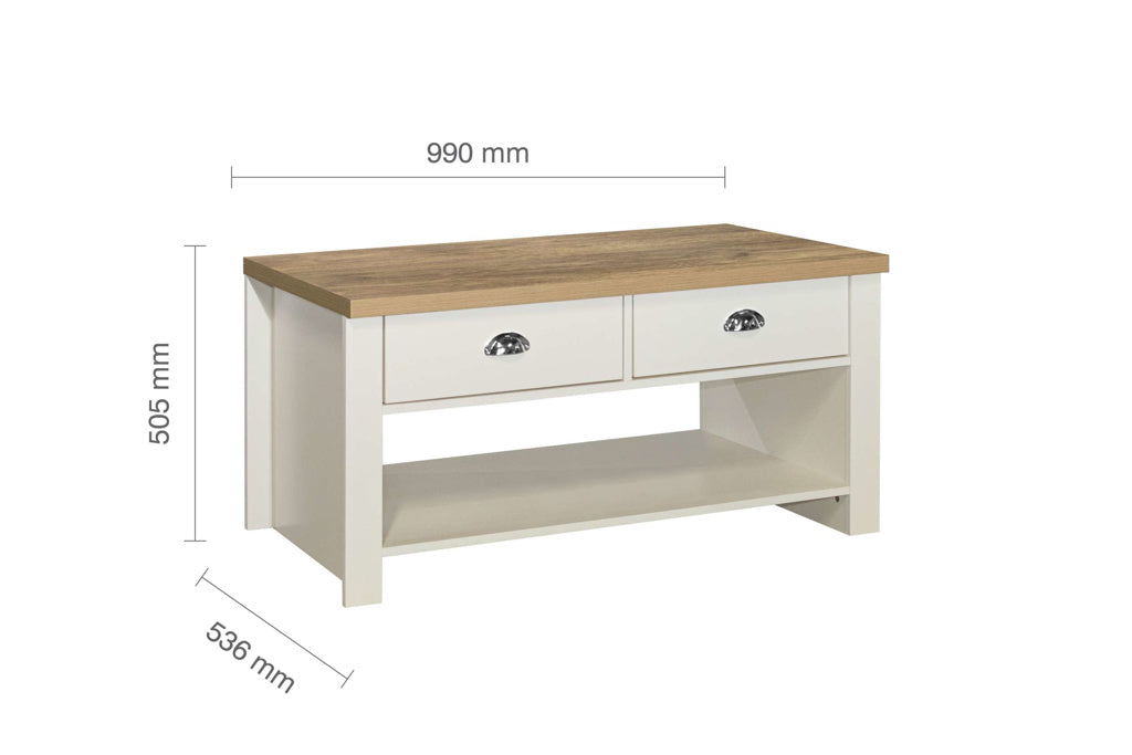 Birlea Highgate 2 Drawer Coffee Table - Cream & Oak 4