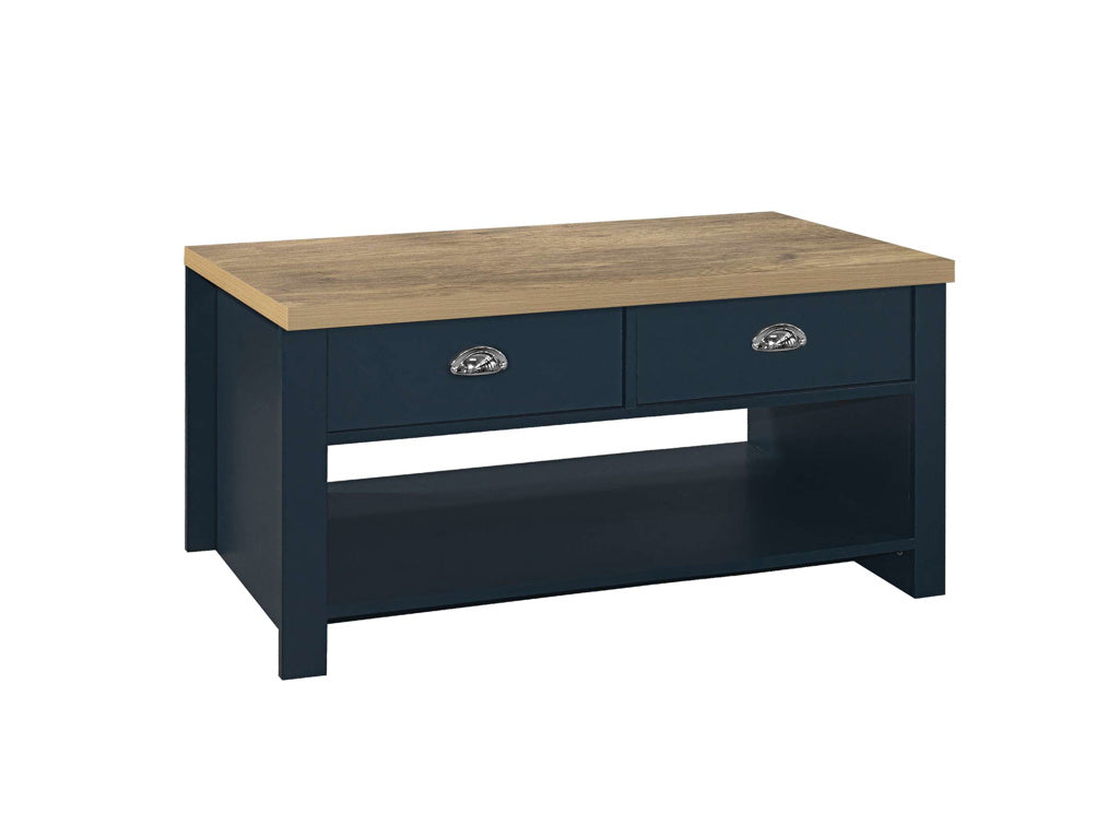 Birlea Highgate 2 Drawer Coffee Table - Navy Blue & Oak 3