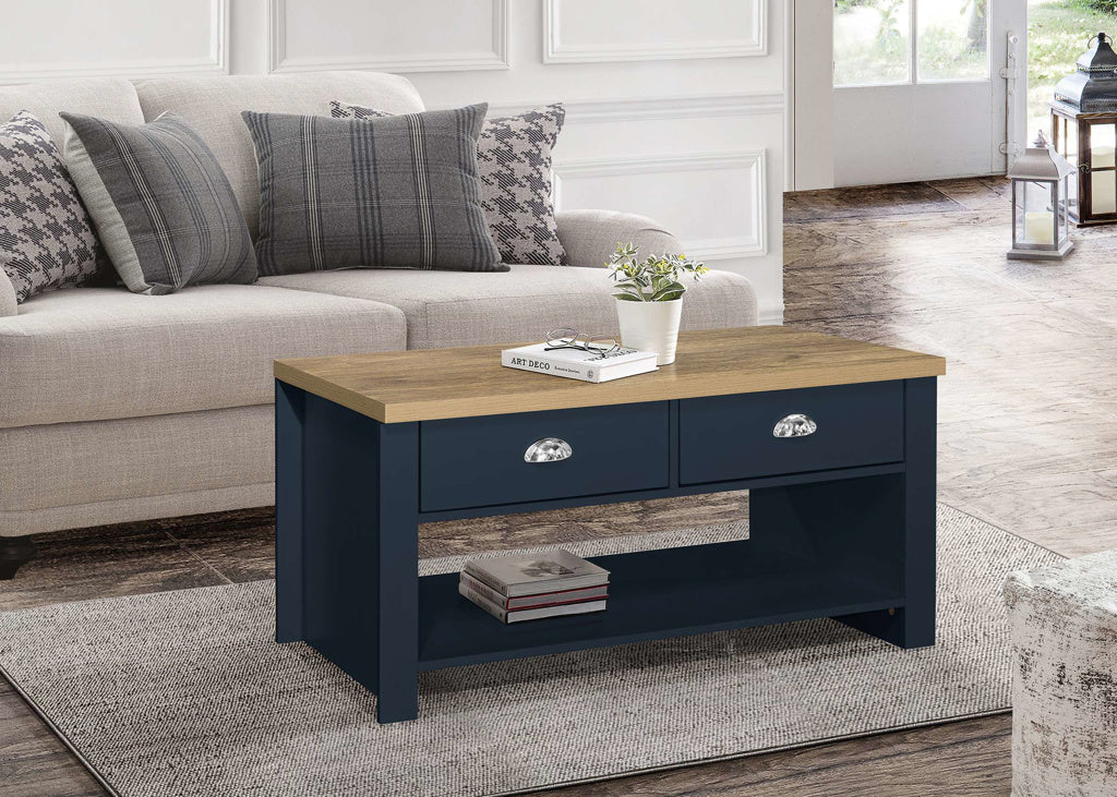 Birlea Highgate 2 Drawer Coffee Table - Navy Blue & Oak