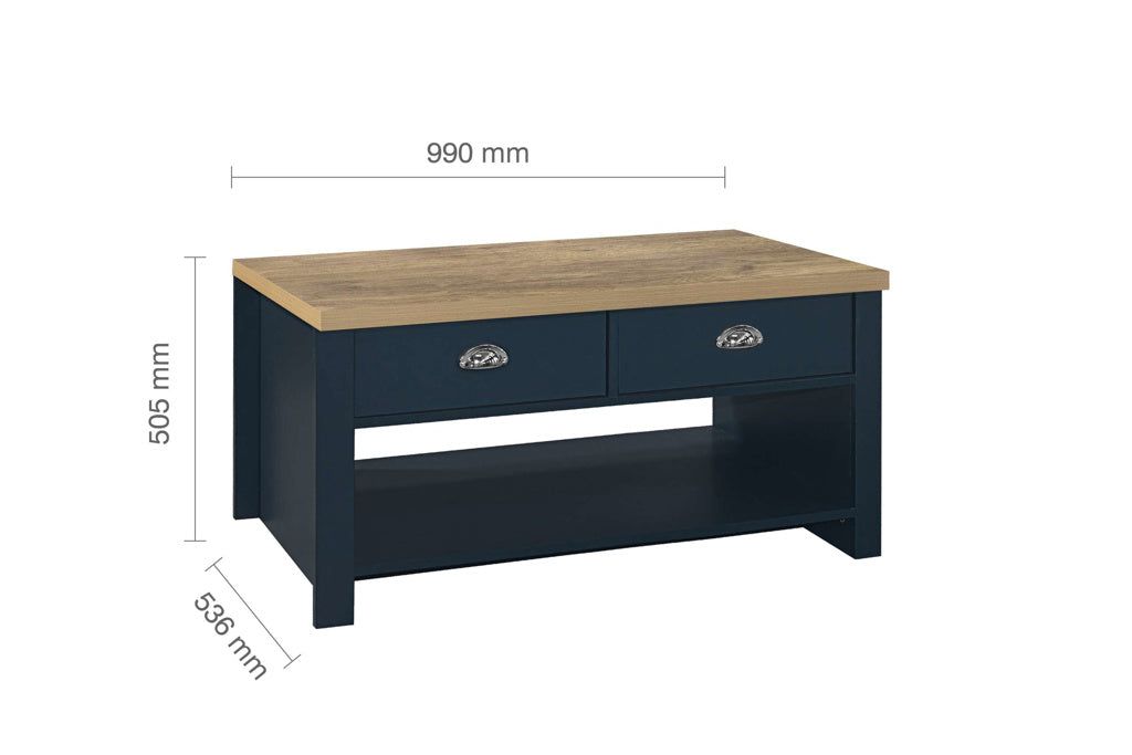 Birlea Highgate 2 Drawer Coffee Table - Navy Blue & Oak 4