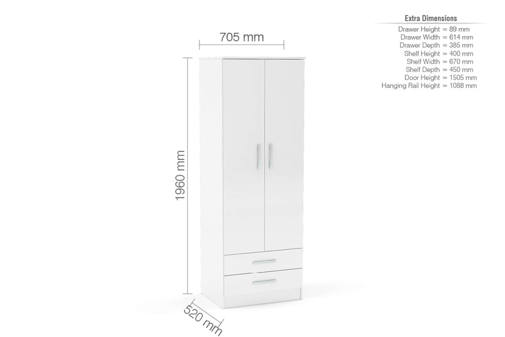 Birlea Lynx 2 Door Combi Wardrobe - White 3