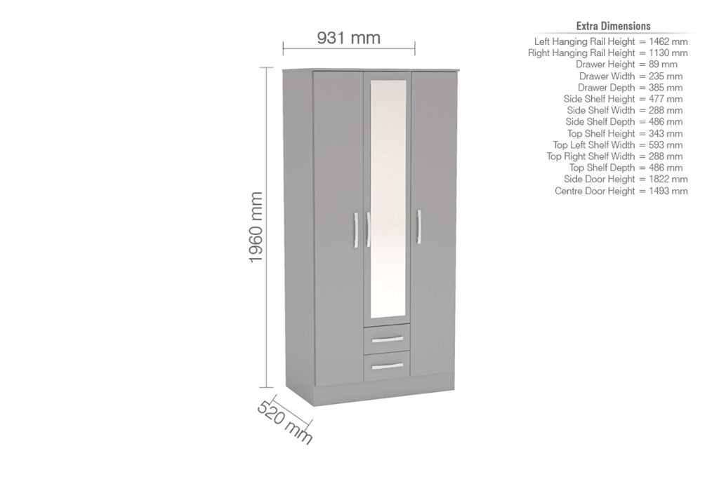 Birlea Lynx 3 Door Combi Wardrobe with Mirror - Grey 4