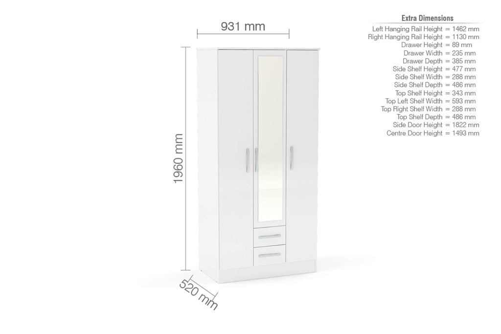 Birlea Lynx 3 Door Combi Wardrobe with Mirror - White 4