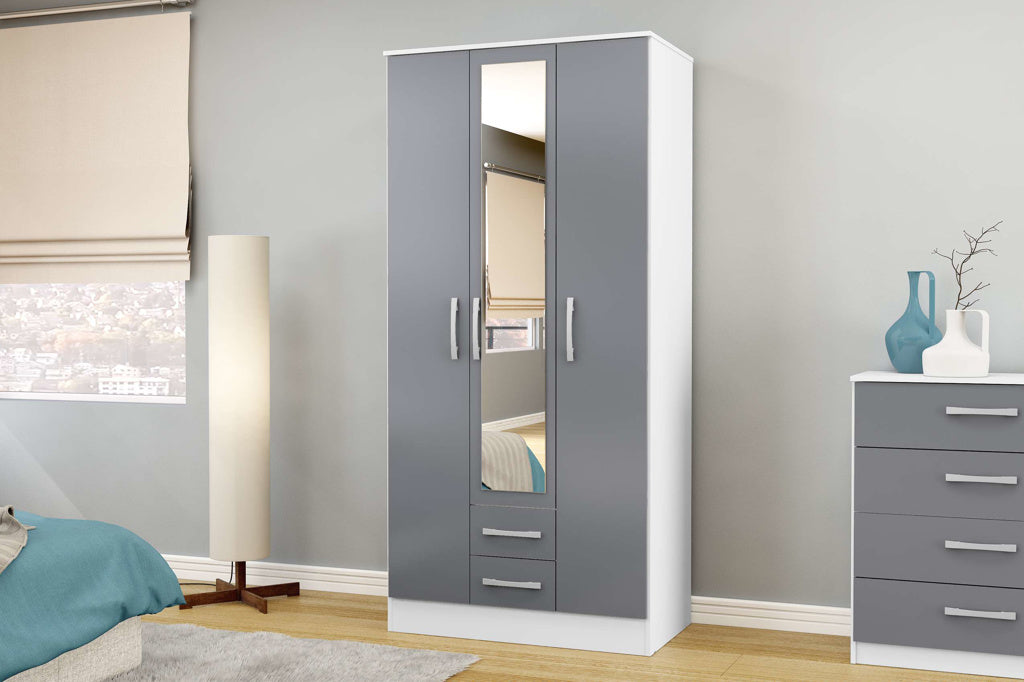 Birlea Lynx 3 Door Combi Wardrobe with Mirror - White & Grey