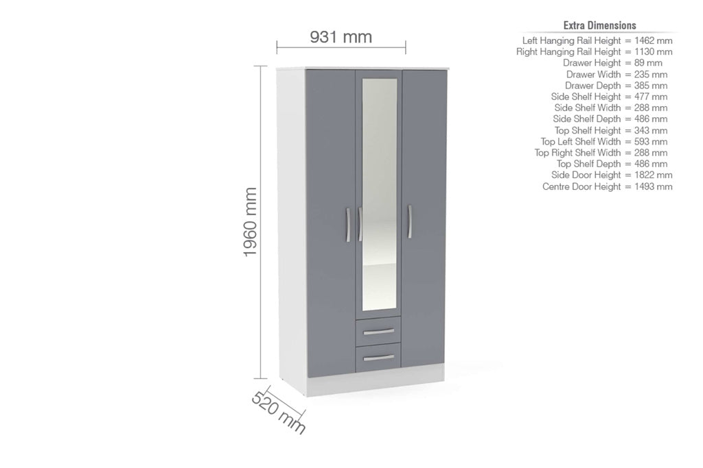 Birlea Lynx 3 Door Combi Wardrobe with Mirror - White & Grey 3