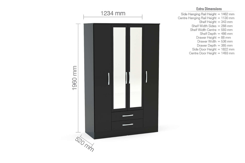 Birlea Lynx 4 Door Combi Wardrobe with Mirror - Black 4