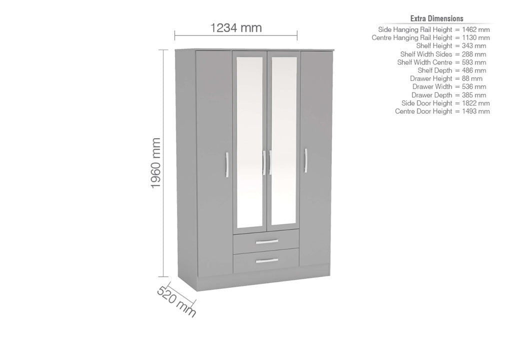 Birlea Lynx 4 Door Combi Wardrobe with Mirror - Grey 4