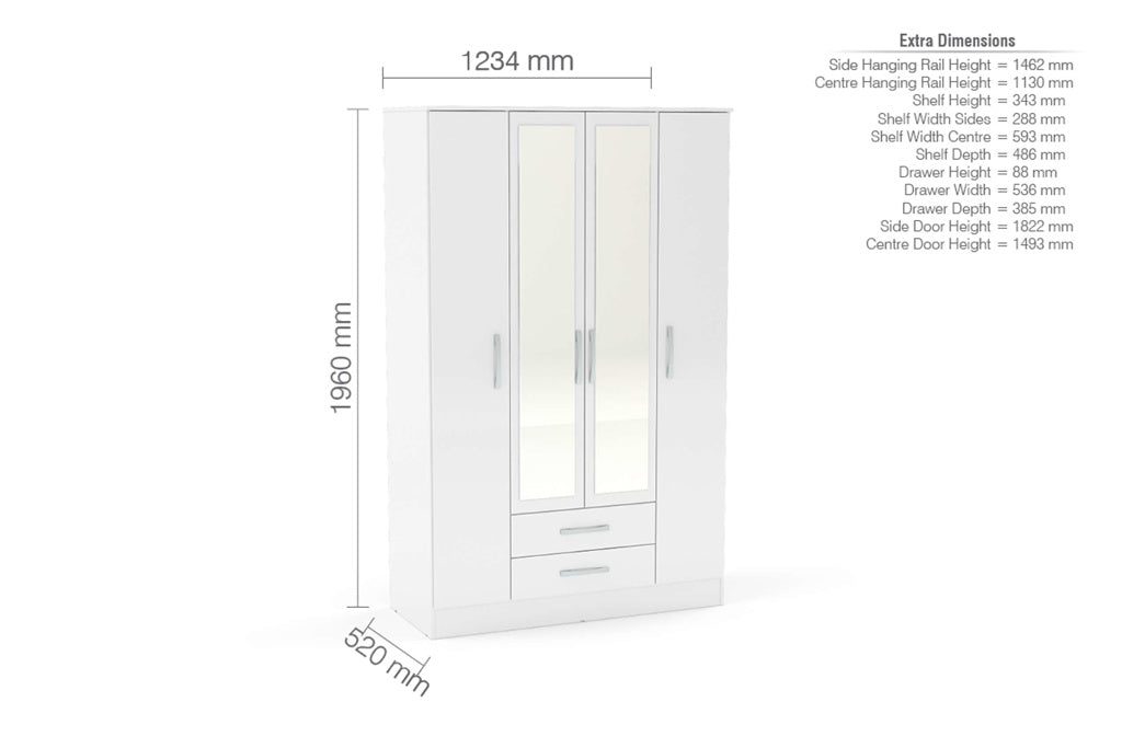 Birlea Lynx 4 Door Combi Wardrobe with Mirror - White 4