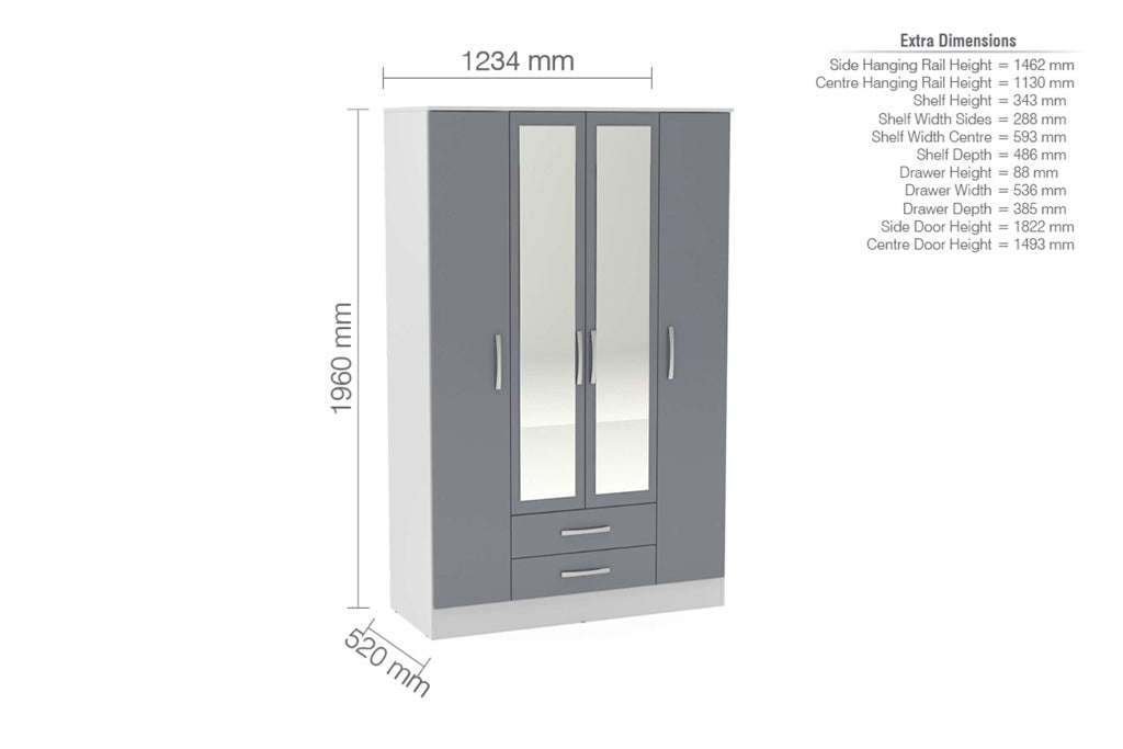 Birlea Lynx 4 Door Combi Wardrobe with Mirror - White & Grey 3