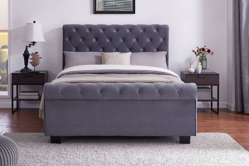 Oregon Plush Grey Velvet Sleigh Bed Front