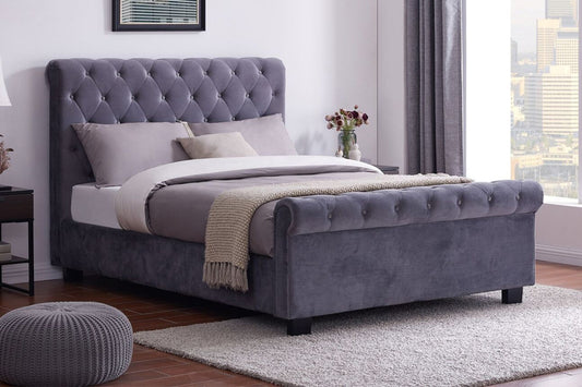 Oregon Plush Grey Velvet Sleigh Bed Side